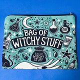 turquoise and black canvas zip pouch featuring the words "Bag of witchy stuff" surrounded by potion bottles, moons, stars, crystals and magical symbols. Uk cute and kawaii gifts shop. Bag for journaling, crystal storage or witchcraft supplies.