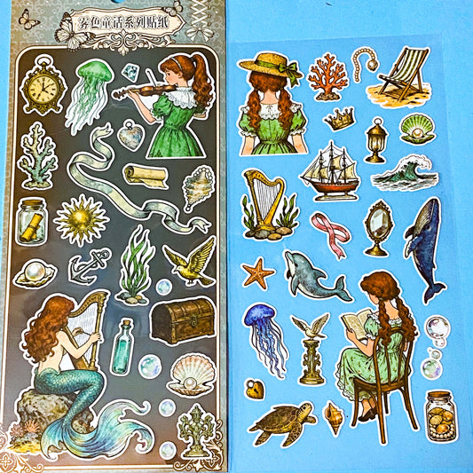 mermaid's secret cove little mermaid matte sticker pack with 2 decorative sheets featuring elegant mermaids, dolphins, whales, jellyfish, turtles, sailing ships, pearls, seashells and vintage ocean inspired illustrations Uk stationery shop.