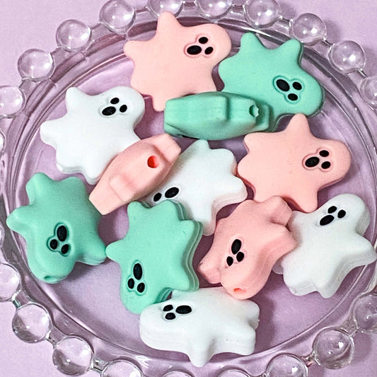 silicone ghost ghosts scary spooky cute bead beads jumbo large big 24mm chunky craft supplies build your own beaded pen pens jewellery make uk kawaii pink white mint green turquoise 