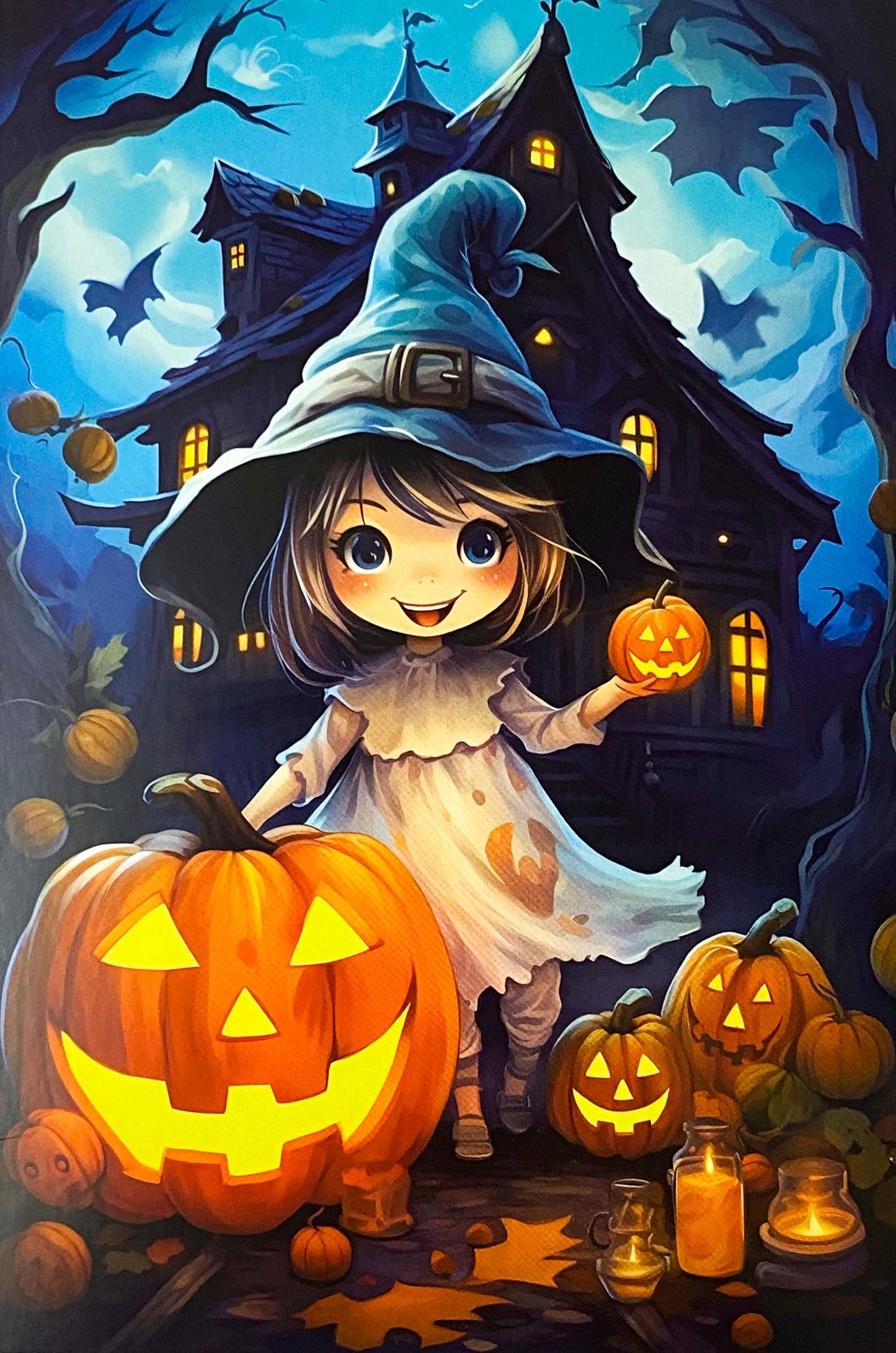 magic magical kawaii cute colourful bright vivid postcard postcards individual single card cards post beautiful uk stationery shop halloween spooky pumpkin pumpkins witch witches bat bats haunted house lantern lights orange blue special