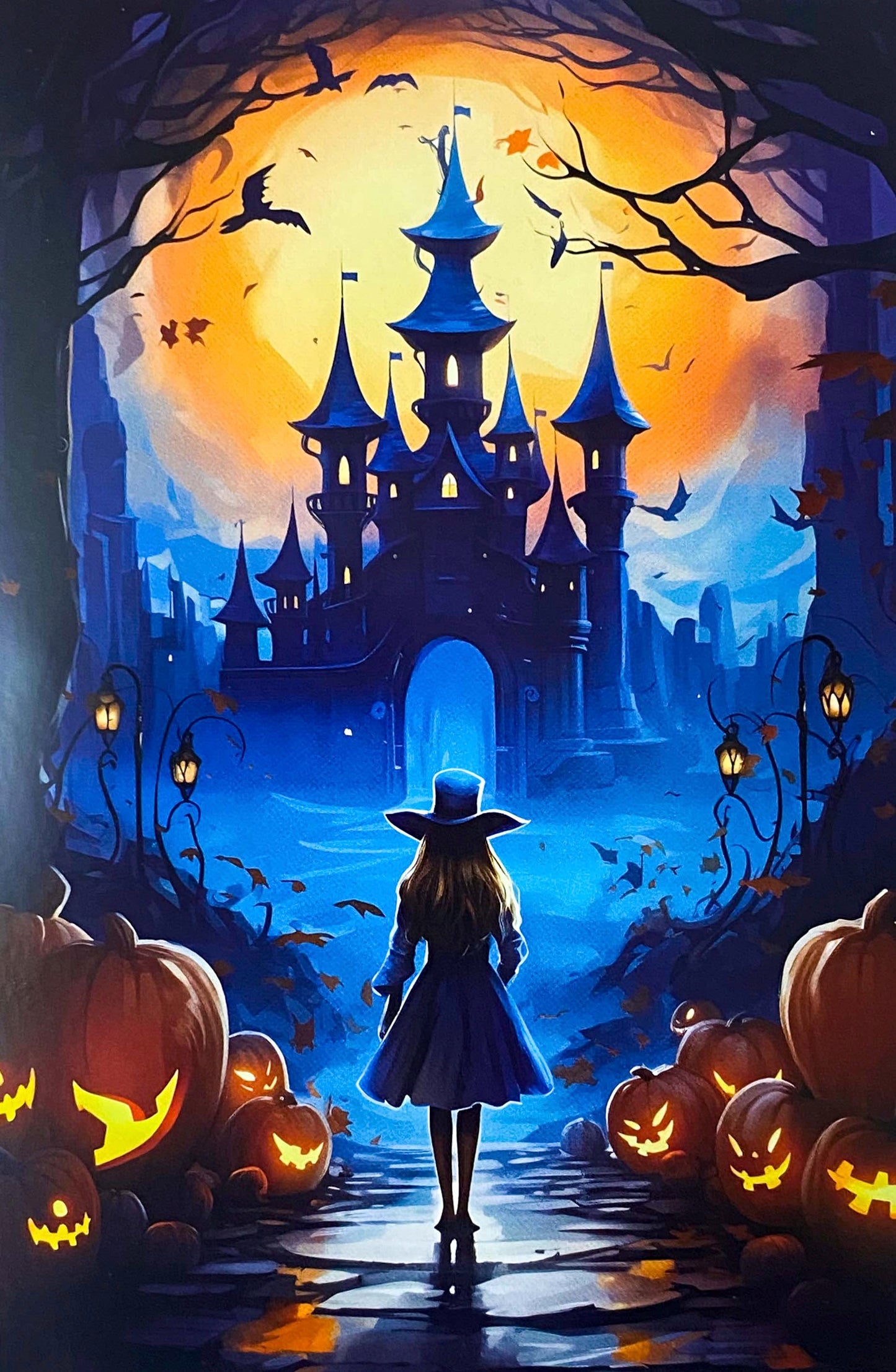 magic magical kawaii cute colourful bright vivid postcard postcards individual single card cards post beautiful uk stationery shop halloween spooky pumpkin pumpkins witch witches bat bats haunted house lantern lights orange blue special