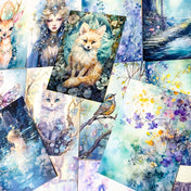 turquoise lilac fantasy postcard postcards bundle of 4 pretty woodland floral flowers tree trees cat cats fox foxes fairy girl squirrel squirrels bird birds foliage uk cute kawaii stationery planner addict shop store