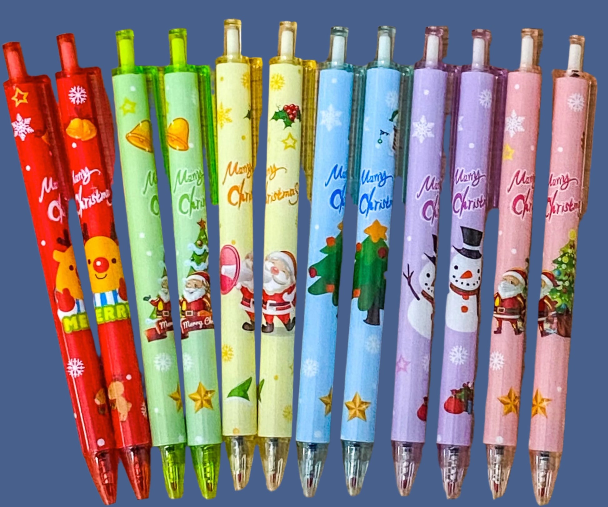 black ink pen pens gel click fineline fine line xmas christmas festive cute kawaii stationery stocking filler fillers kids gift gifts santa reindeer rudolph snowman tree pink red blue yellow green lilac
