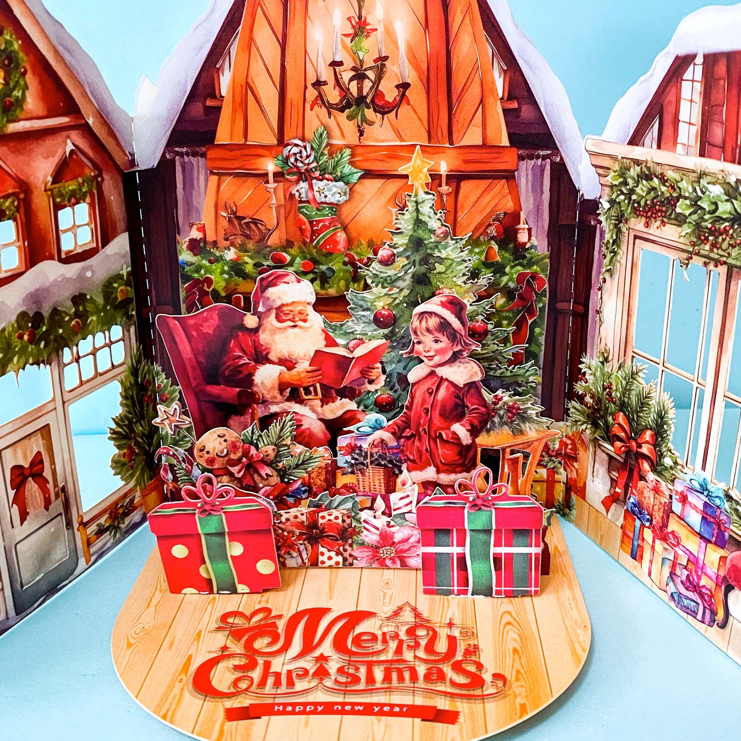 LUXURY 3D CHRISTMAS POP UP CARD- Santa By The Fireplace Winter HOUSE