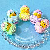 colourful pastel easter chick and egg silicone beads 33mm on blue background