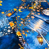 midnight garden scrapbook papers with moon, lantern and floral night sky designs arranged in fan layout