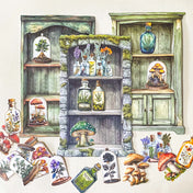 green forest witch apothecary cabinet shelves with paper die cuts of mushrooms, bell jar plants, herbs and potion bottles. witchy ephemera set