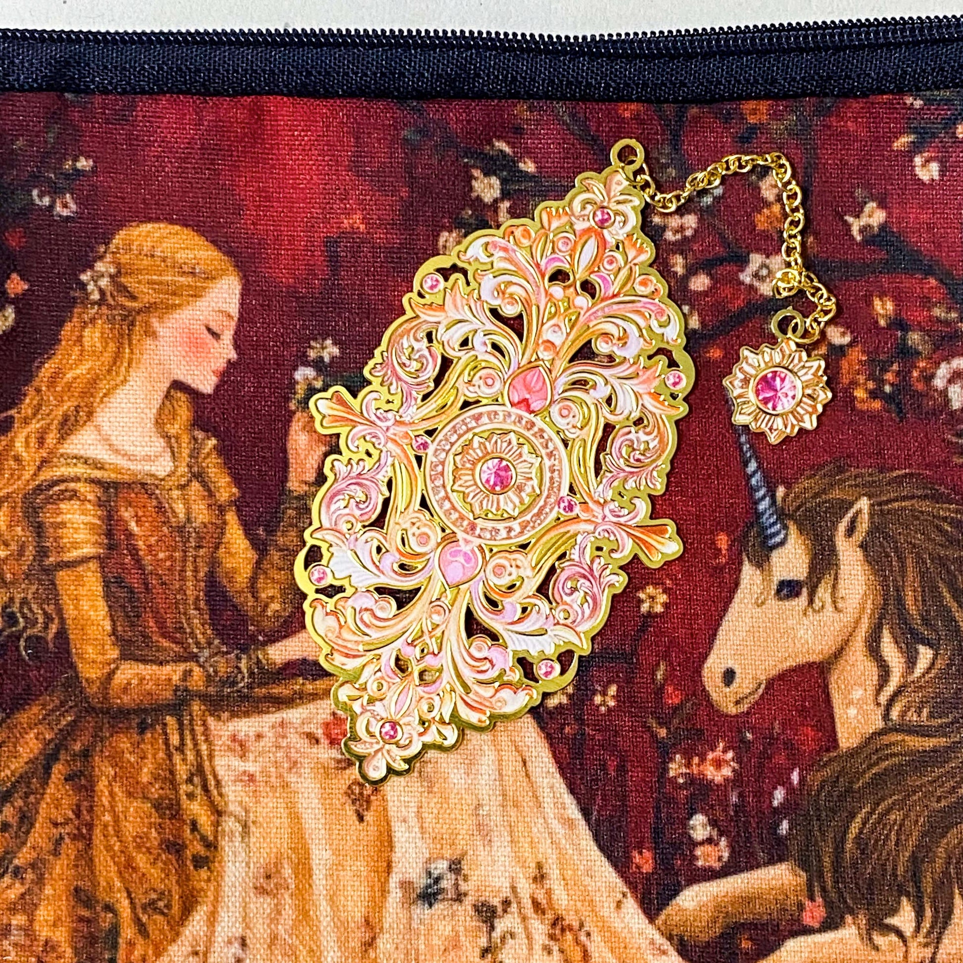 medieval lady and unicorn uk letterbox gift set with ornate gold and pink metal bookmark and tapestry style pouch in deep red tones