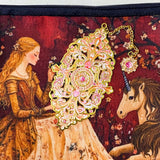 medieval lady and unicorn uk letterbox gift set with ornate gold and pink metal bookmark and tapestry style pouch in deep red tones
