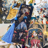midnight blue wonderland gift set with alice in wonderland wooden tassel bookmark, postcards and canvas pouch, dark blue letterbox gifts