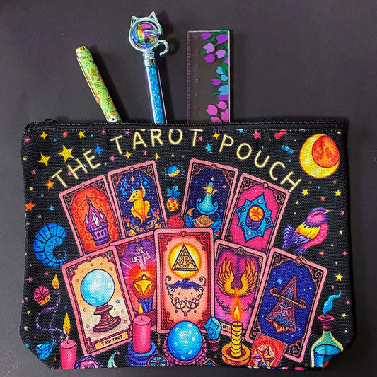 black and vibrant colours canvas tarot pouch featuring colourful tarot cards, crystal balls, candles, stars and moon and mystical symbols. Uk letterbox gifts shop.