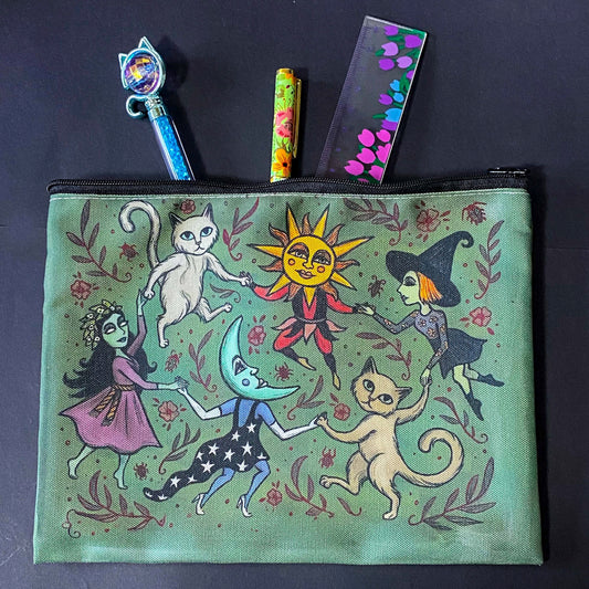 whimsical green blue zipper pouch featuring dancing cats, sun and moon characters, folk art inspired fairytale figures. witchy pencil case or journaling pouch. uk cute kawaii gifts shop.