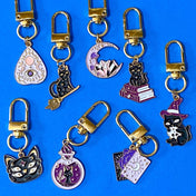tarot witch witchcraft magic magical gold tone metal and enamel planner charm clip clips keyring keyrings bag spooky halloween gift gifts planchette fortune telling uk cute kawaii cat black cats