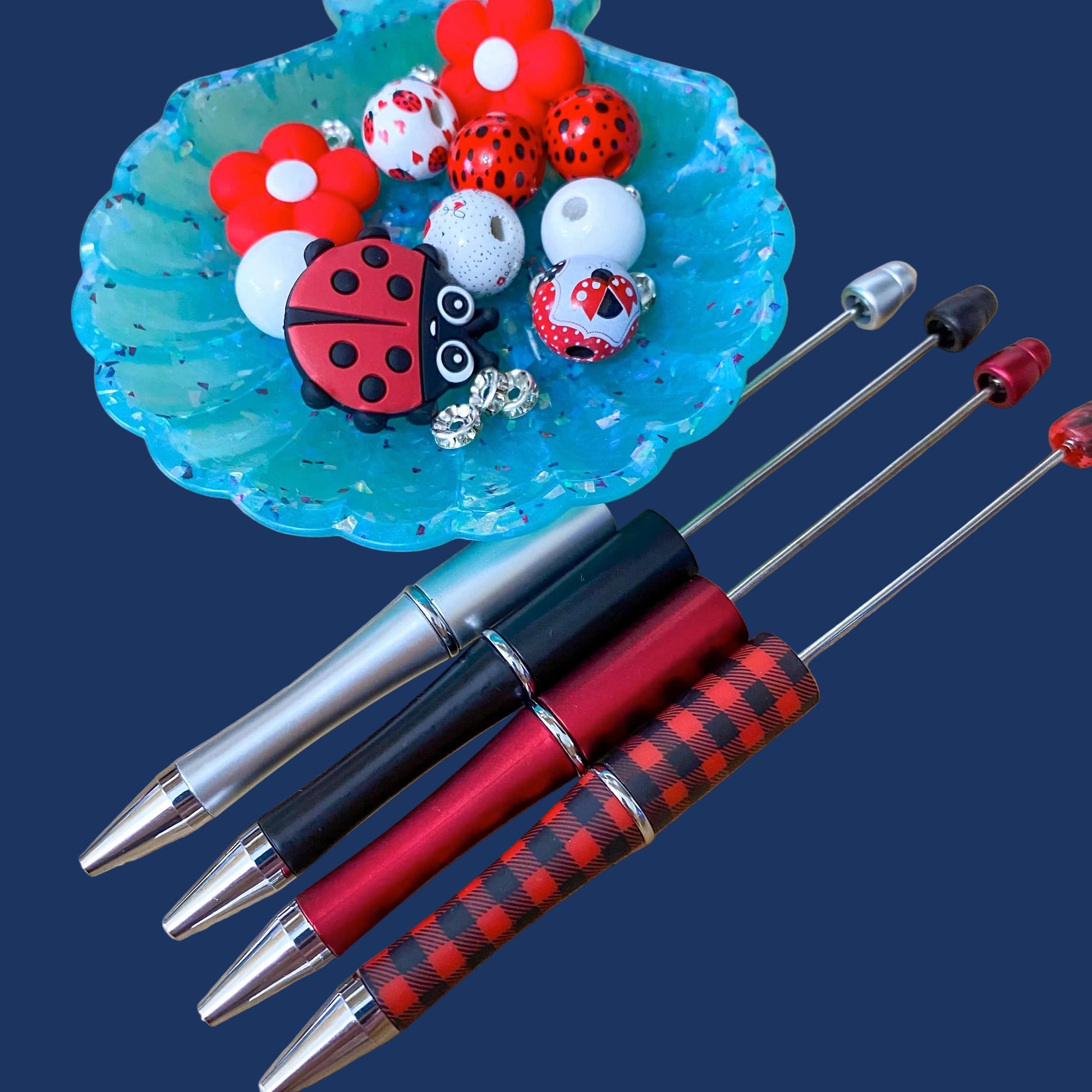 build your own pen pens black ballpoint ladybird ladybirds cute kawaii beaded bead beads flower flowers red and black white wooden stationery kit kits uk shop store gift gifts check checked base make fun