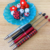 build your own pen pens black ballpoint ladybird ladybirds cute kawaii beaded bead beads flower flowers red and black white wooden stationery kit kits uk shop store gift gifts check checked base make fun
