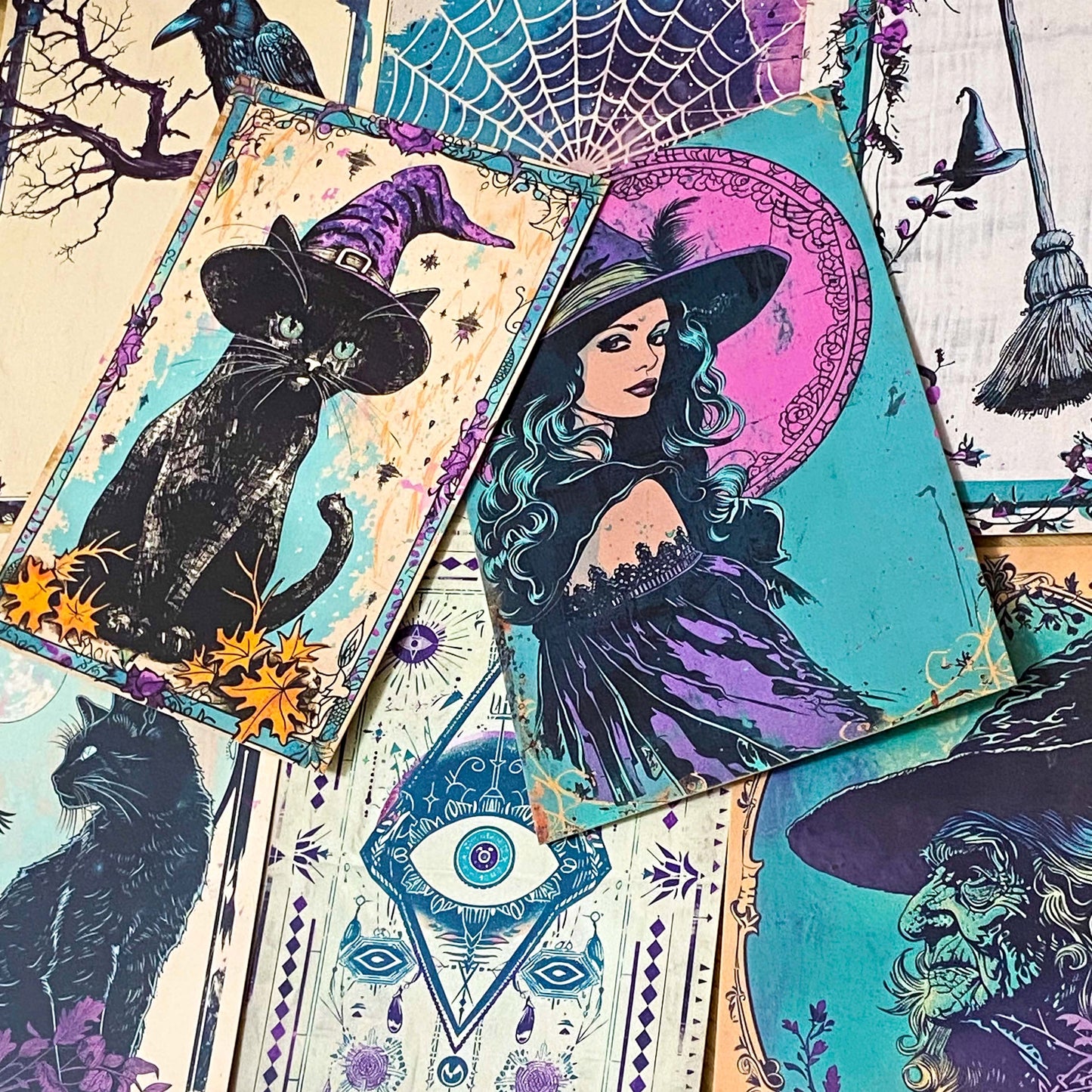 spooky witchcraft witch witches magic magical bold colours vintage sepia postcard postcards post card cards uk cute kawaii halloween stationery individual planner supplies addict purple magenta pink teal blue green black brown bright art artwork cat black cats broomstick haunted house occult spider's web webs cobweb potion potions hat hats book 