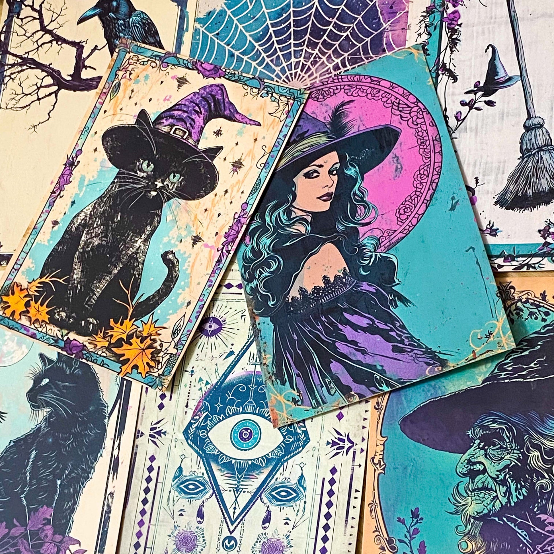 spooky witchcraft witch witches magic magical bold colours vintage sepia postcard postcards post card cards uk cute kawaii halloween stationery individual planner supplies addict purple magenta pink teal blue green black brown bright art artwork cat black cats broomstick haunted house occult spider's web webs cobweb potion potions hat hats book 