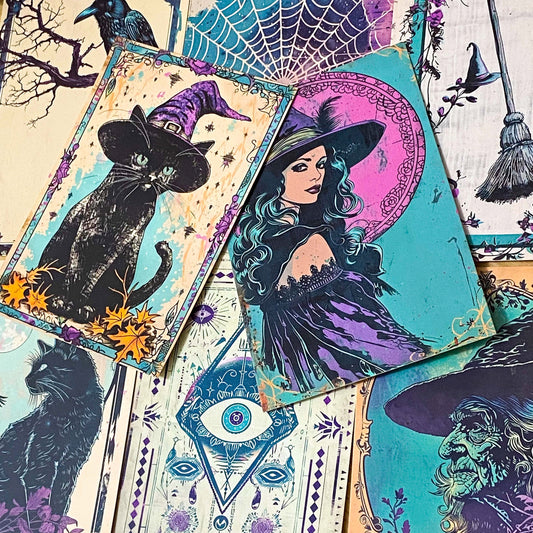 spooky witchcraft witch witches magic magical bold colours vintage sepia postcard postcards post card cards uk cute kawaii halloween stationery individual planner supplies addict purple magenta pink teal blue green black brown bright art artwork cat black cats broomstick haunted house occult spider's web webs cobweb potion potions hat hats book 
