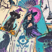 spooky witchcraft witch witches magic magical bold colours vintage sepia postcard postcards post card cards uk cute kawaii halloween stationery individual planner supplies addict purple magenta pink teal blue green black brown bright art artwork cat black cats broomstick haunted house occult spider's web webs cobweb potion potions hat hats book 
