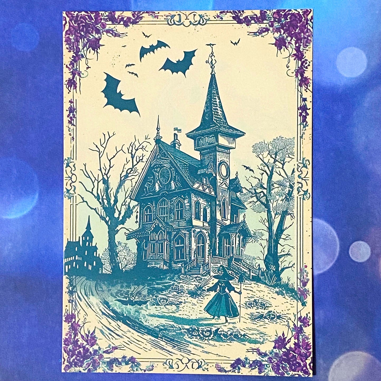spooky witchcraft witch witches magic magical bold colours vintage sepia postcard postcards post card cards uk cute kawaii halloween stationery individual planner supplies addict purple magenta pink teal blue green black brown bright art artwork cat black cats broomstick haunted house occult spider's web webs cobweb potion potions hat hats book 