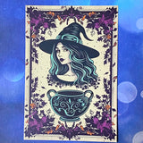 spooky witchcraft witch witches magic magical bold colours vintage sepia postcard postcards post card cards uk cute kawaii halloween stationery individual planner supplies addict purple magenta pink teal blue green black brown bright art artwork cat black cats broomstick haunted house occult spider's web webs cobweb potion potions hat hats book 