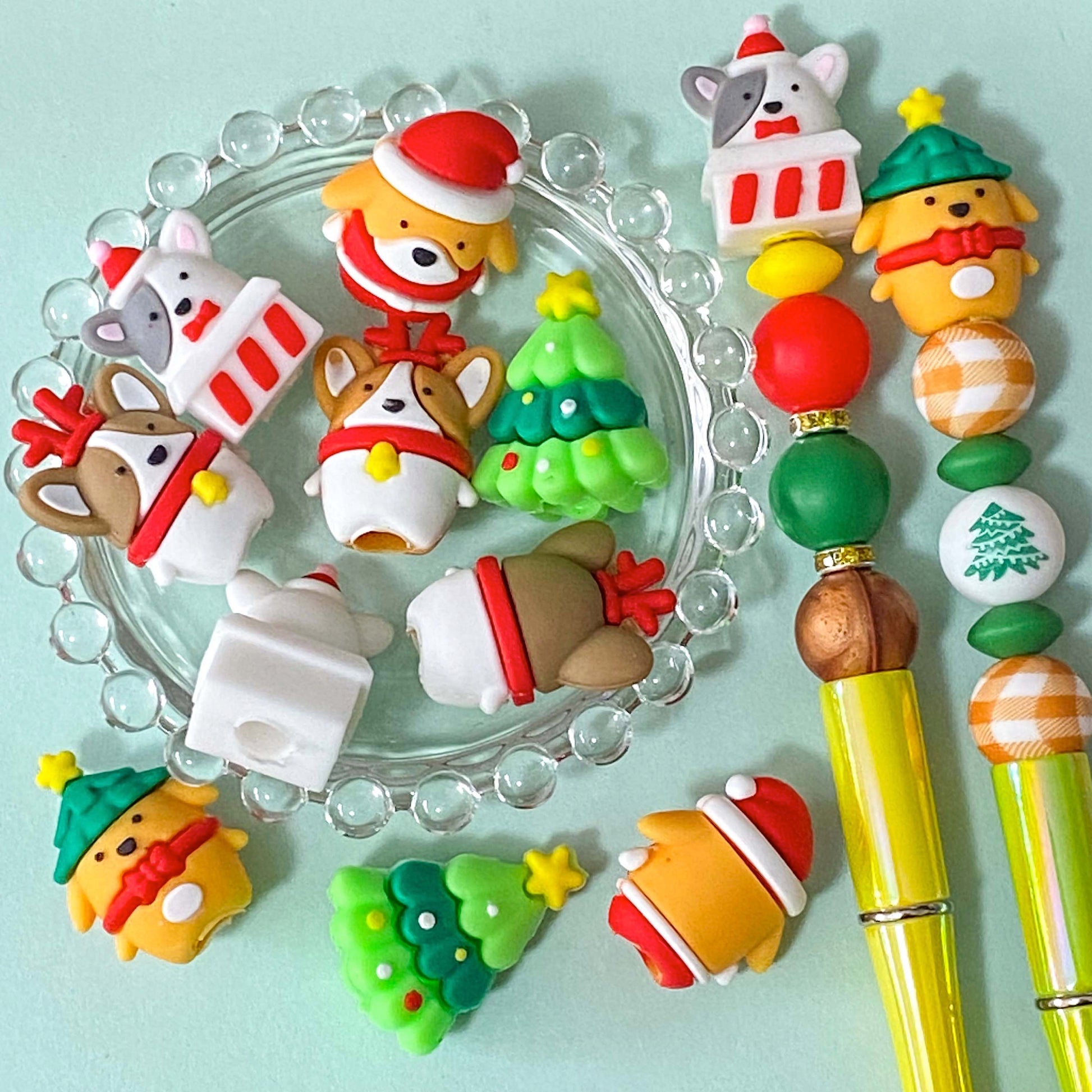 puppy dog dogs puppies cute kawaii corgi silicone bead beads topper toppers for making pen pens beaded christmas festive tree santa claus reindeer rudolph present fun gift gifts uk craft supplies shop store red green yellow brown white