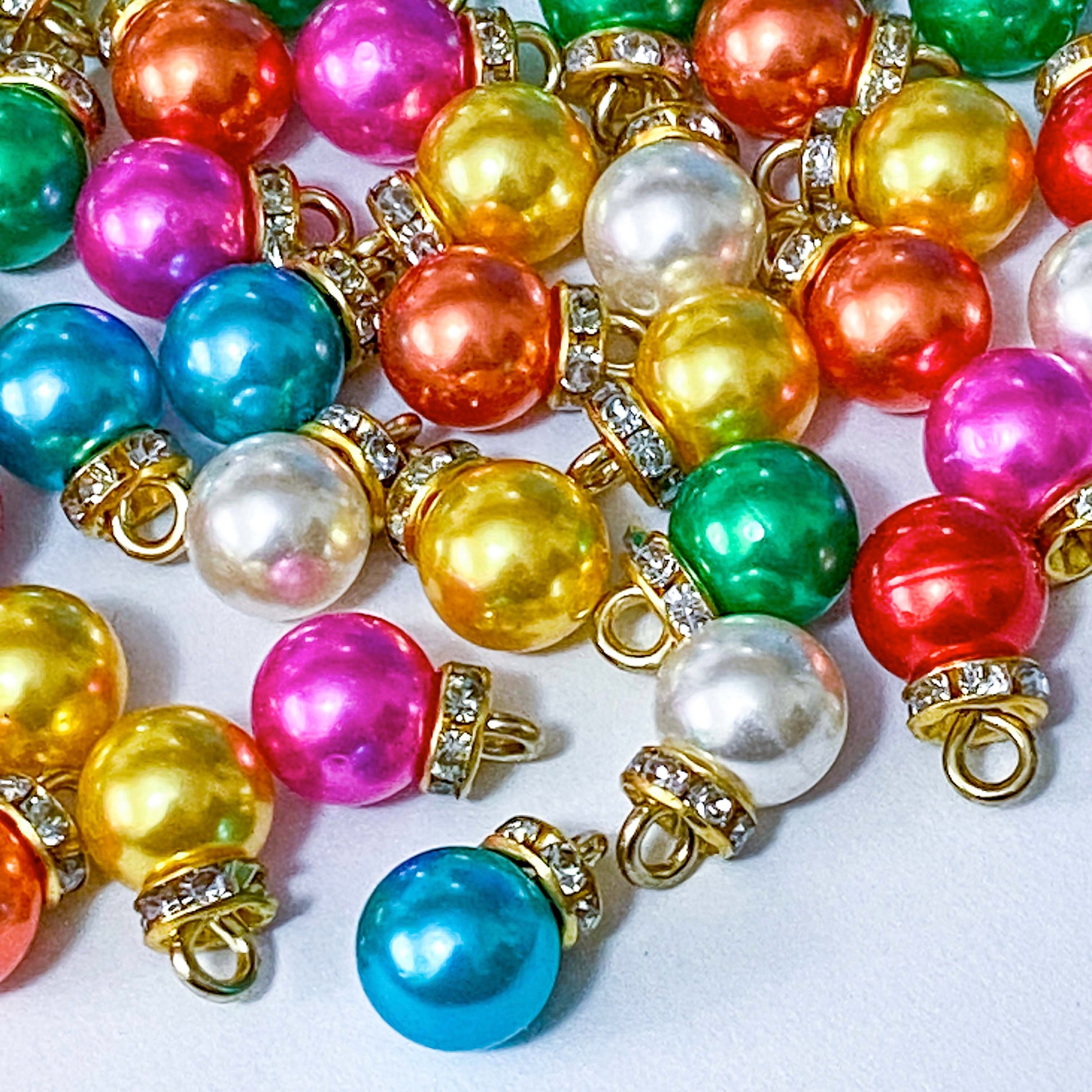 pearl pearly bauble charm charms acrylic rhinestone rhinestones sparkly blue yellow gold green white red pink orange christmas festive baubles sparkly uk cute kawaii craft supplies shop store