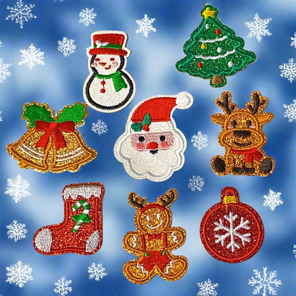 glitter glittery christmas sew on glue on fabric embroidered patch patches applique appliques small bell stocking reindeer bauble snowman snowmen santa claus tree uk cute kawaii craft supplies shop