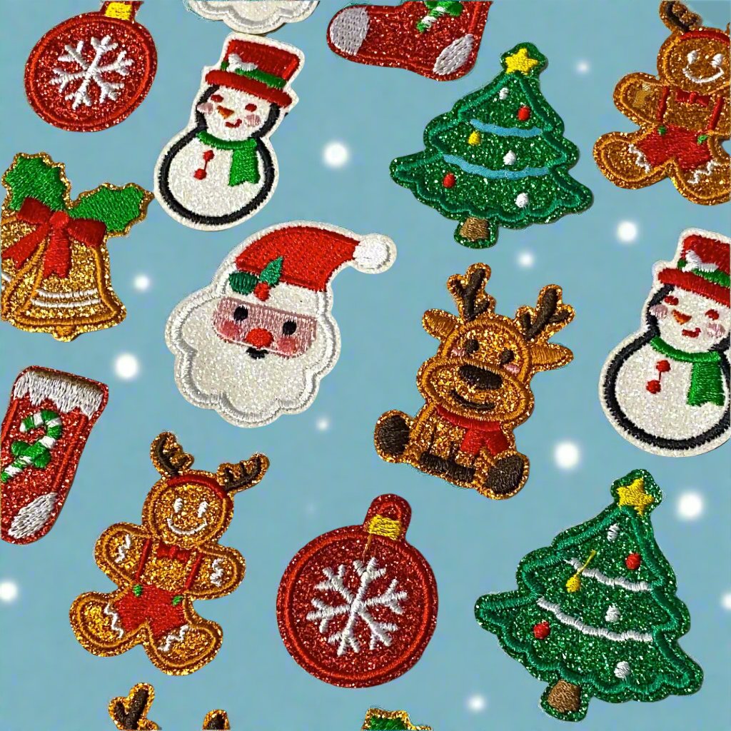 glitter glittery christmas sew on glue on fabric embroidered patch patches applique appliques small bell stocking reindeer bauble snowman snowmen santa claus tree uk cute kawaii craft supplies shop