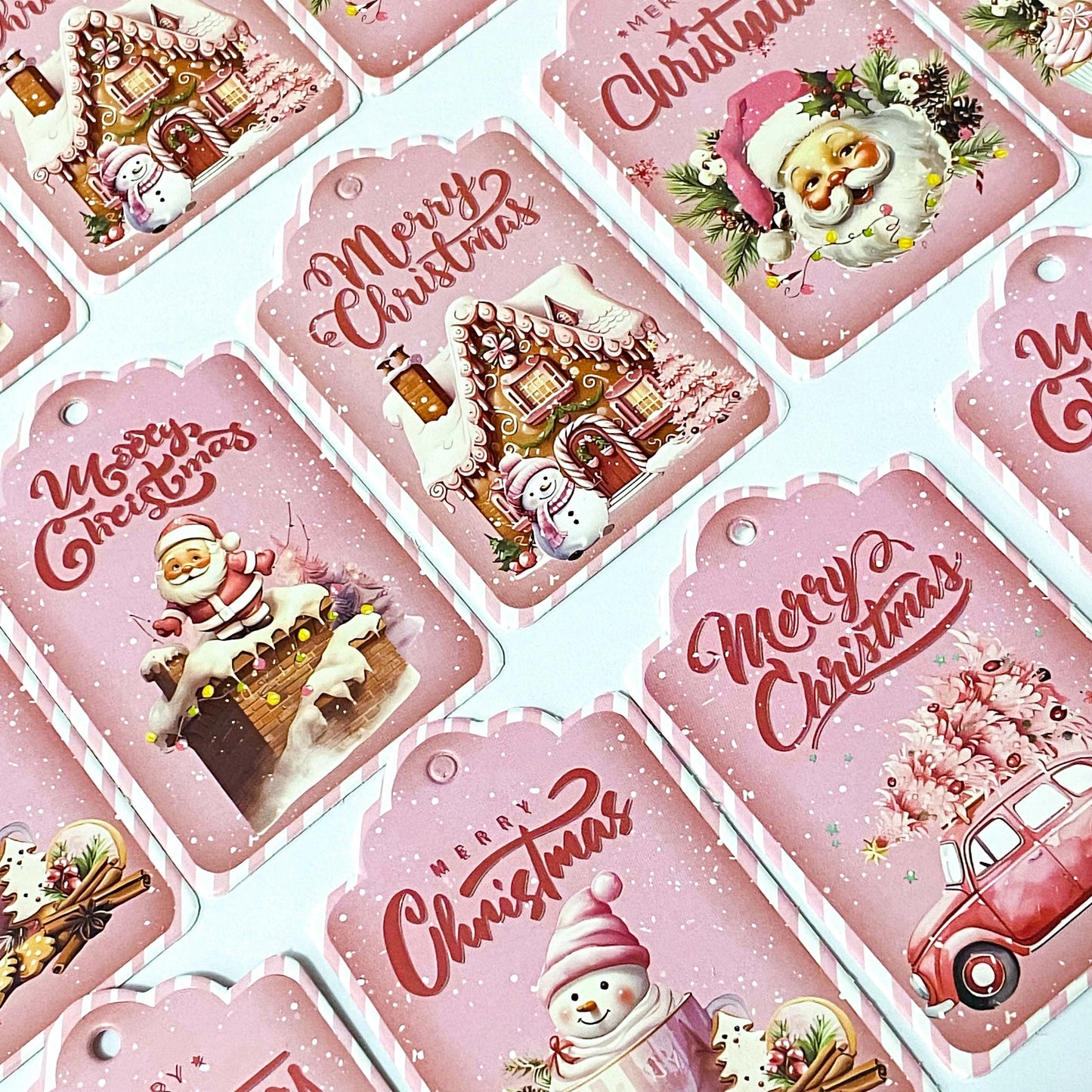 pastel pink christmas festive tags double sided thick card tag set vintage retro cute kawaii stationery packaging supplies uk gingerbread house car santa snowman