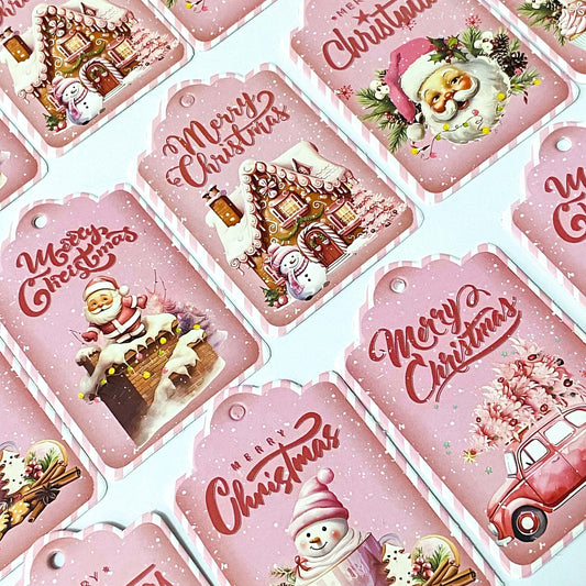 pastel pink christmas festive tags double sided thick card tag set vintage retro cute kawaii stationery packaging supplies uk gingerbread house car santa snowman