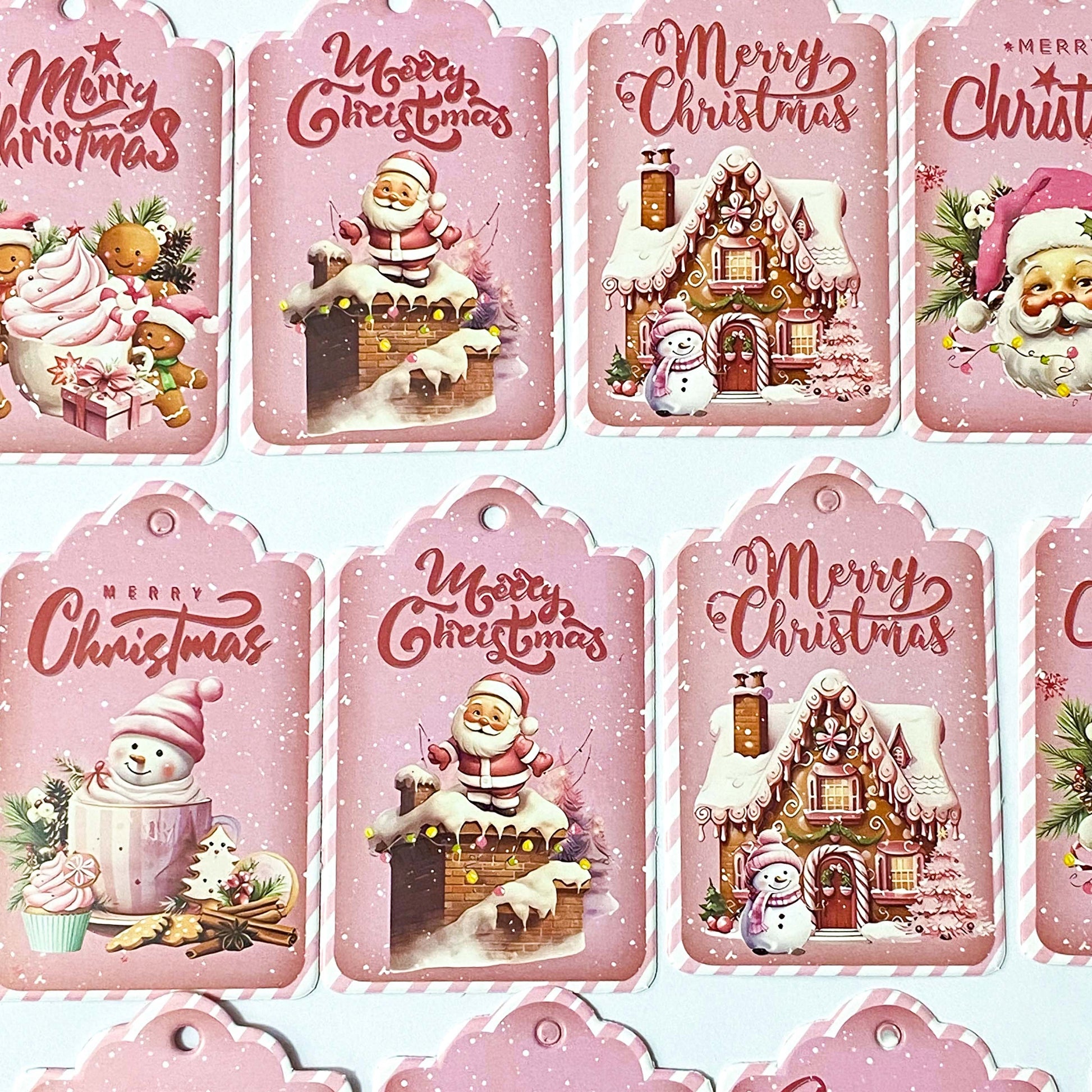 pastel pink christmas festive tags double sided thick card tag set vintage retro cute kawaii stationery packaging supplies uk gingerbread house car santa snowman
