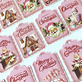 pastel pink christmas festive tags double sided thick card tag set vintage retro cute kawaii stationery packaging supplies uk gingerbread house car santa snowman