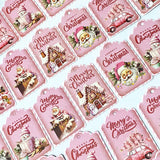 pastel pink christmas festive tags double sided thick card tag set vintage retro cute kawaii stationery packaging supplies uk gingerbread house car santa snowman