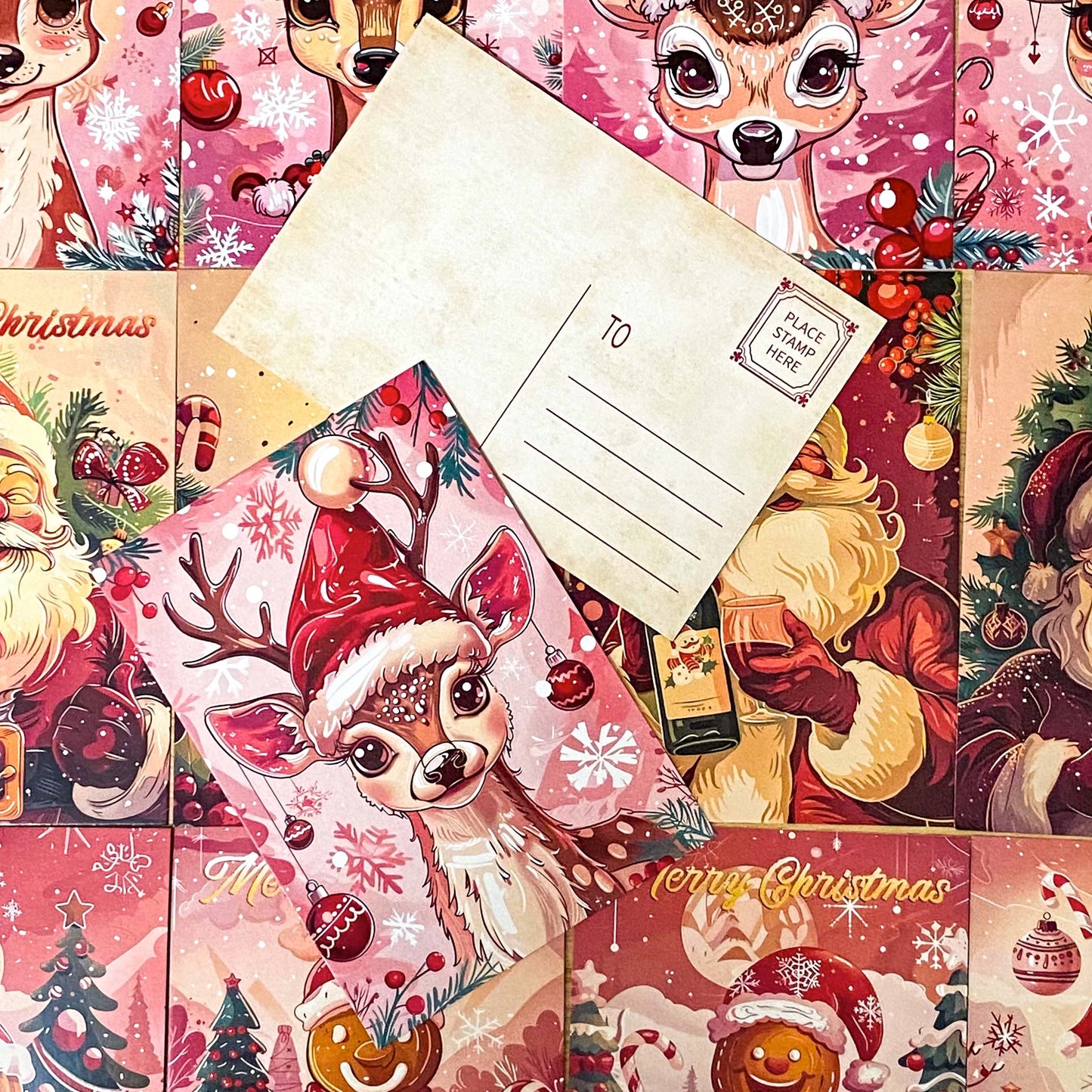 vintage retro nostalgia deer baby deers santa claus father christmas festive gingerbread man men ginger bread postcard postcards cards post uk cute kawaii stationery supplies shop store red pink