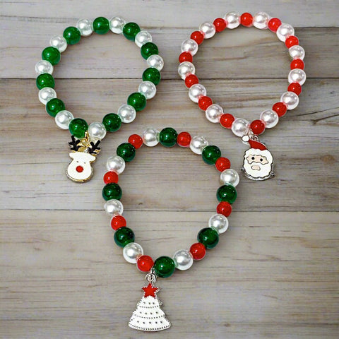 cute kawaii christmas festive stretch elastic beaded bracelet bracelets enamel charm charms reindeer tree santa claus red green white pearl pearly stocking filler uk gift gifts kids