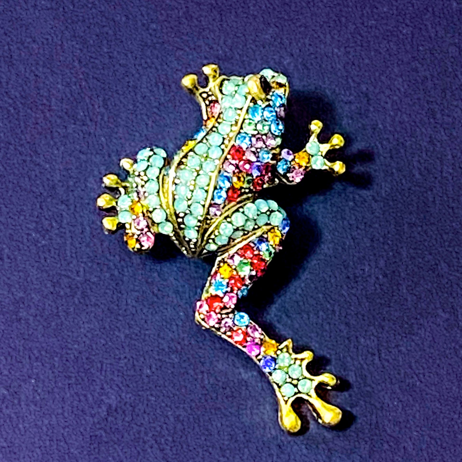 Colorful jeweled frog brooch on a dark blue background