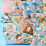 alice in wonderland ephemera sticker pack with scrapbook papers, die cut card stickers in a tea party theme with the write rabbit, queen of hearts, alice and cheshire cat decals
