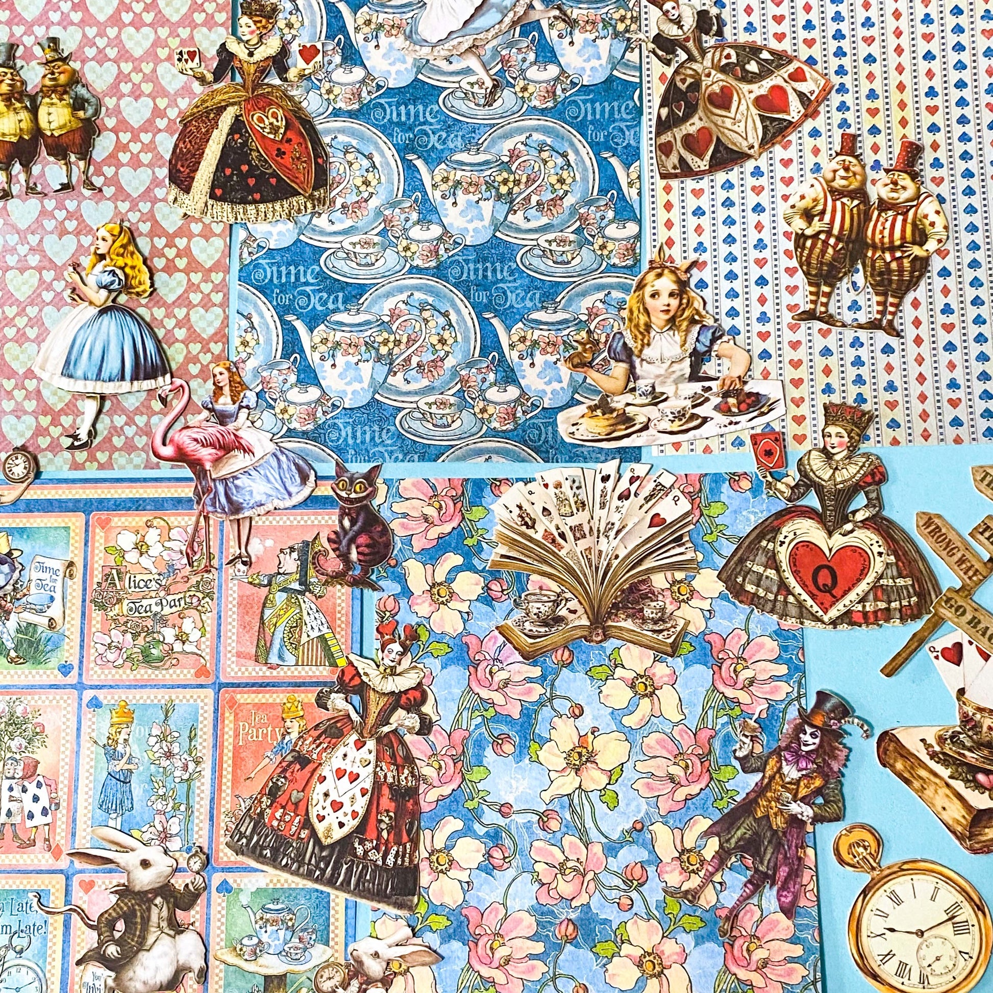 alice in wonderland ephemera sticker pack with scrapbook papers, die cut card stickers in a tea party theme with the write rabbit, queen of hearts, alice and cheshire cat decals