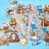 alice in wonderland ephemera sticker pack with scrapbook papers, die cut card stickers in a tea party theme with the write rabbit, queen of hearts, alice and cheshire cat decals