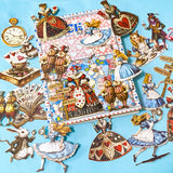 alice in wonderland ephemera sticker pack with scrapbook papers, die cut card stickers in a tea party theme with the write rabbit, queen of hearts, alice and cheshire cat decals