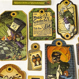 vintage halloween alice in wonderland label stickers set with 54 pieces, mixed tag shapes, clocks, characters and autumn colours on a cream background