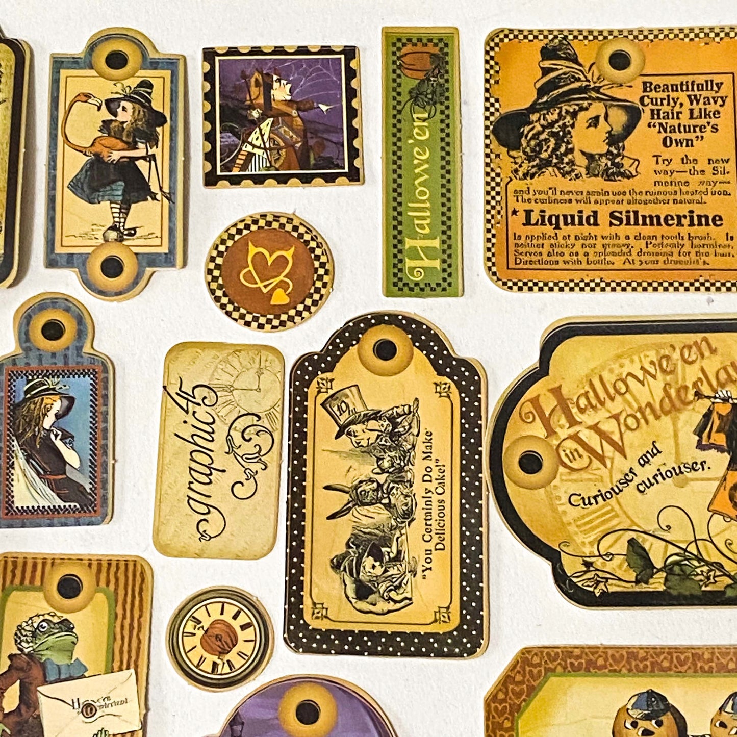 vintage halloween alice in wonderland label stickers set with 54 pieces, mixed tag shapes, clocks, characters and autumn colours on a cream background