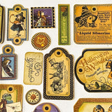 vintage halloween alice in wonderland label stickers set with 54 pieces, mixed tag shapes, clocks, characters and autumn colours on a cream background