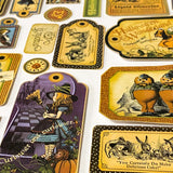 vintage halloween alice in wonderland label stickers set with 54 pieces, mixed tag shapes, clocks, characters and autumn colours on a cream background