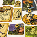 vintage halloween alice in wonderland label stickers set with 54 pieces, mixed tag shapes, clocks, characters and autumn colours on a cream background