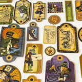 vintage halloween alice in wonderland label stickers set with 54 pieces, mixed tag shapes, clocks, characters and autumn colours on a cream background