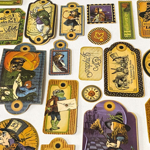 vintage halloween alice in wonderland label stickers set with 54 pieces, mixed tag shapes, clocks, characters and autumn colours on a cream background