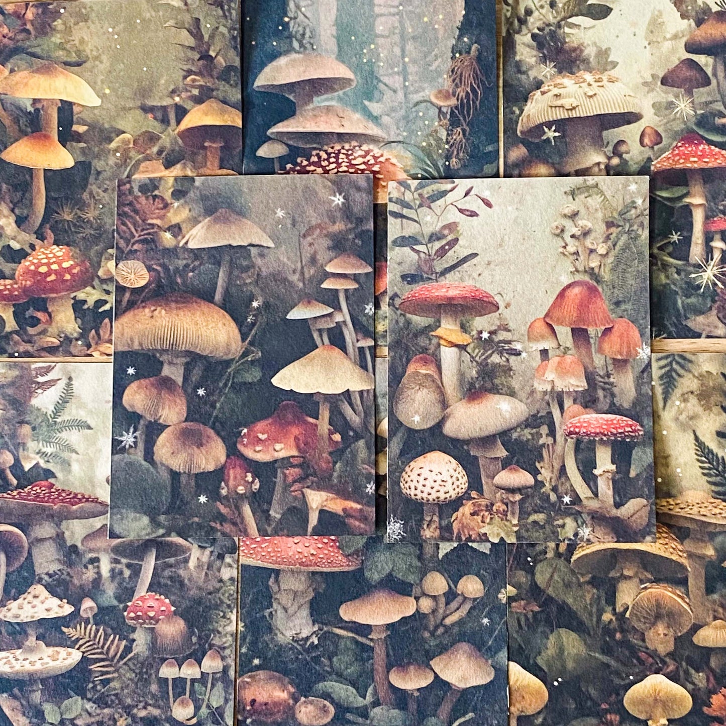 mushroom themed gift set with lined canvas pouch, vintage style bookmark, woodland scrapbook papers and clear mushroom stickers on wooden background