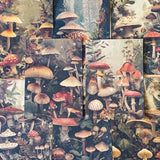 mushroom themed gift set with lined canvas pouch, vintage style bookmark, woodland scrapbook papers and clear mushroom stickers on wooden background